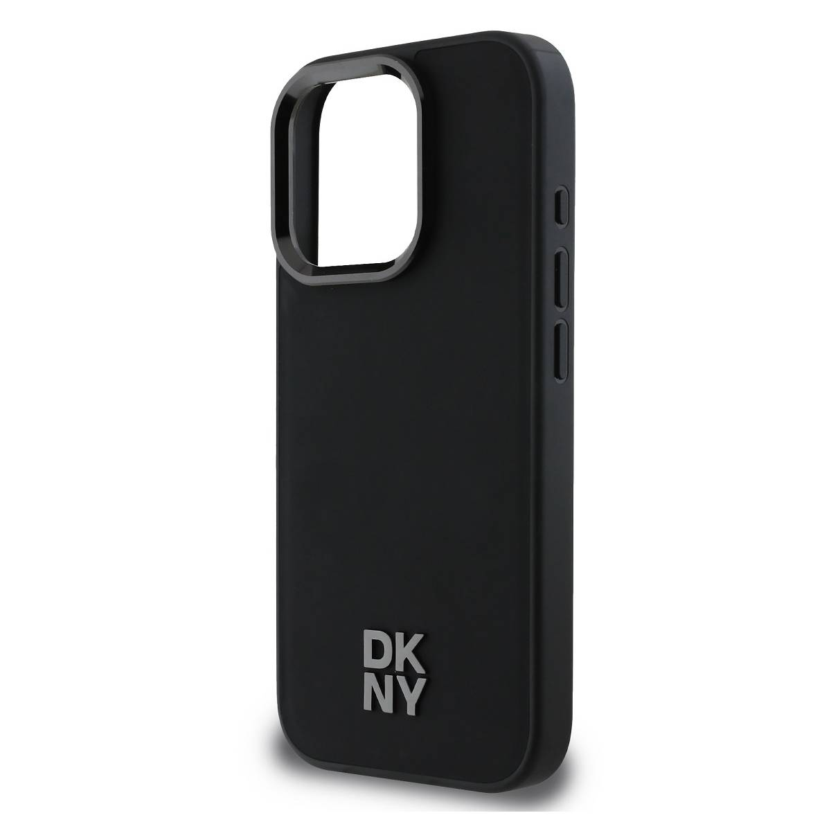 Una custodia nera per telefono con ritaglio per fotocamera. Il logo DKNY è visibile. La custodia ha i pulsanti laterali.