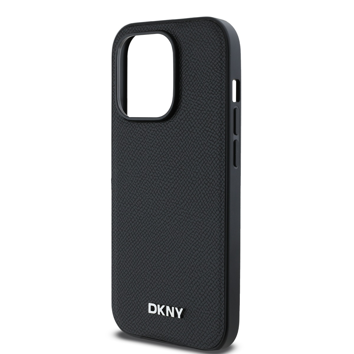 Viene mostrata una custodia per telefono DKNY nera. La custodia ha una superficie strutturata e ritagli per la fotocamera e i pulsanti. Lo sfondo è bianco.