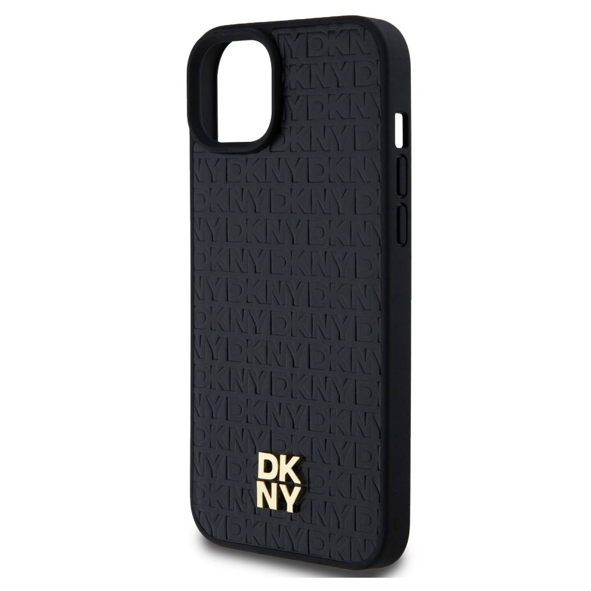 Custodia per telefono nera con logo DKNY in rilievo e motivo a testo DKNY ripetuto. Logo DKNY dorato in basso.