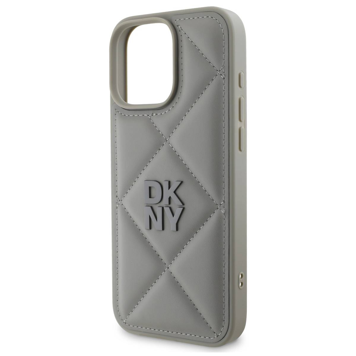 Una custodia grigia DKNY. La custodia ha un design trapuntato con il logo DKNY al centro. Ha ritagli per la fotocamera e i pulsanti.