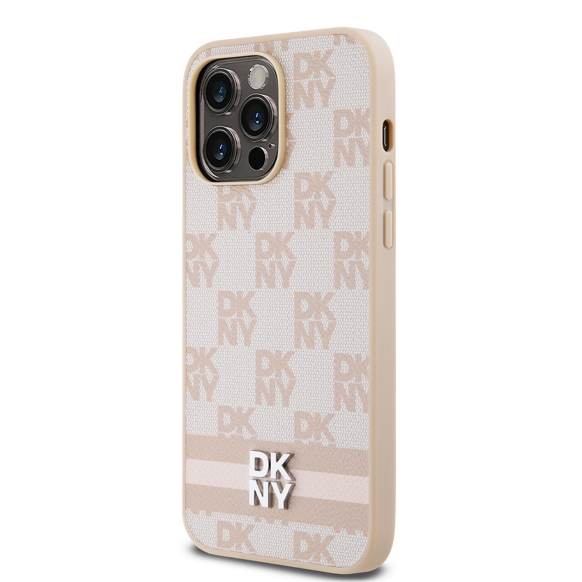 Una custodia per telefono con il logo 'DKNY' in beige e bianco. Presenta un ritaglio per la fotocamera e pulsanti.