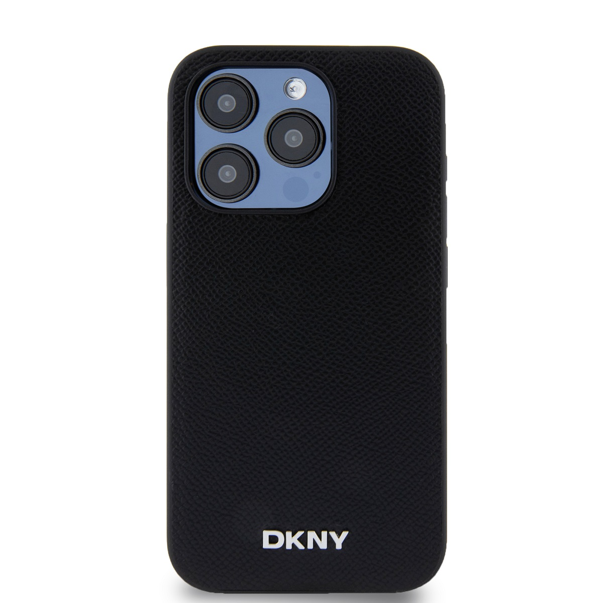 Custodia nera per telefono con logo DKNY. Presenta più obiettivi della fotocamera e una superficie strutturata.