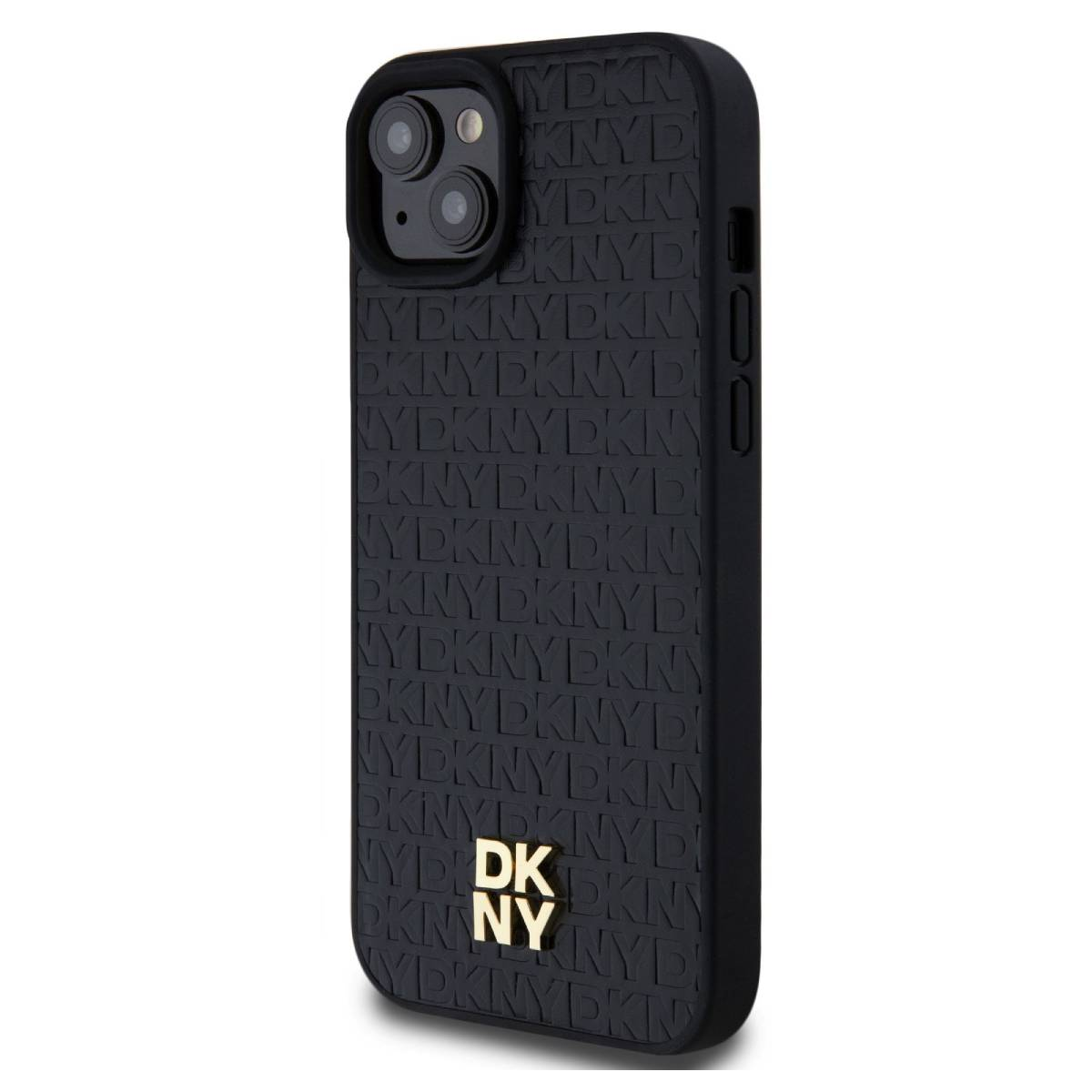 Una custodia nera per telefono con logo DKNY. La custodia presenta il marchio DKNY in rilievo e il telefono ha una fotocamera a tripla lente.