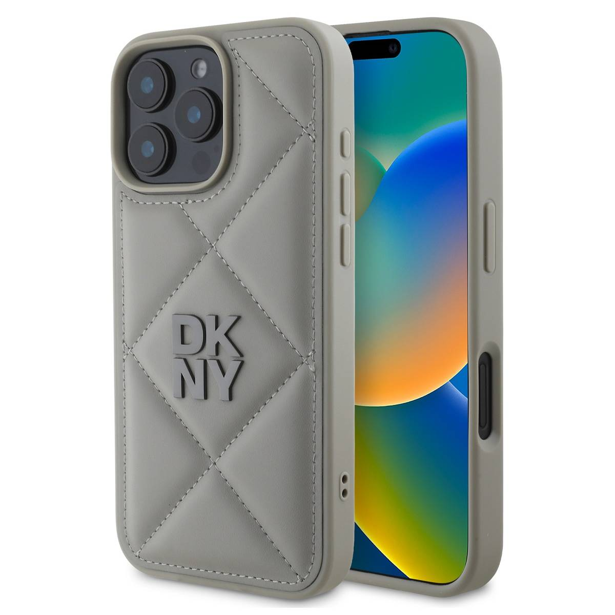 Un iPhone con una custodia DKNY grigia trapuntata. Lo schermo del telefono mostra uno sfondo colorato. La custodia ha le lettere DK e NY.