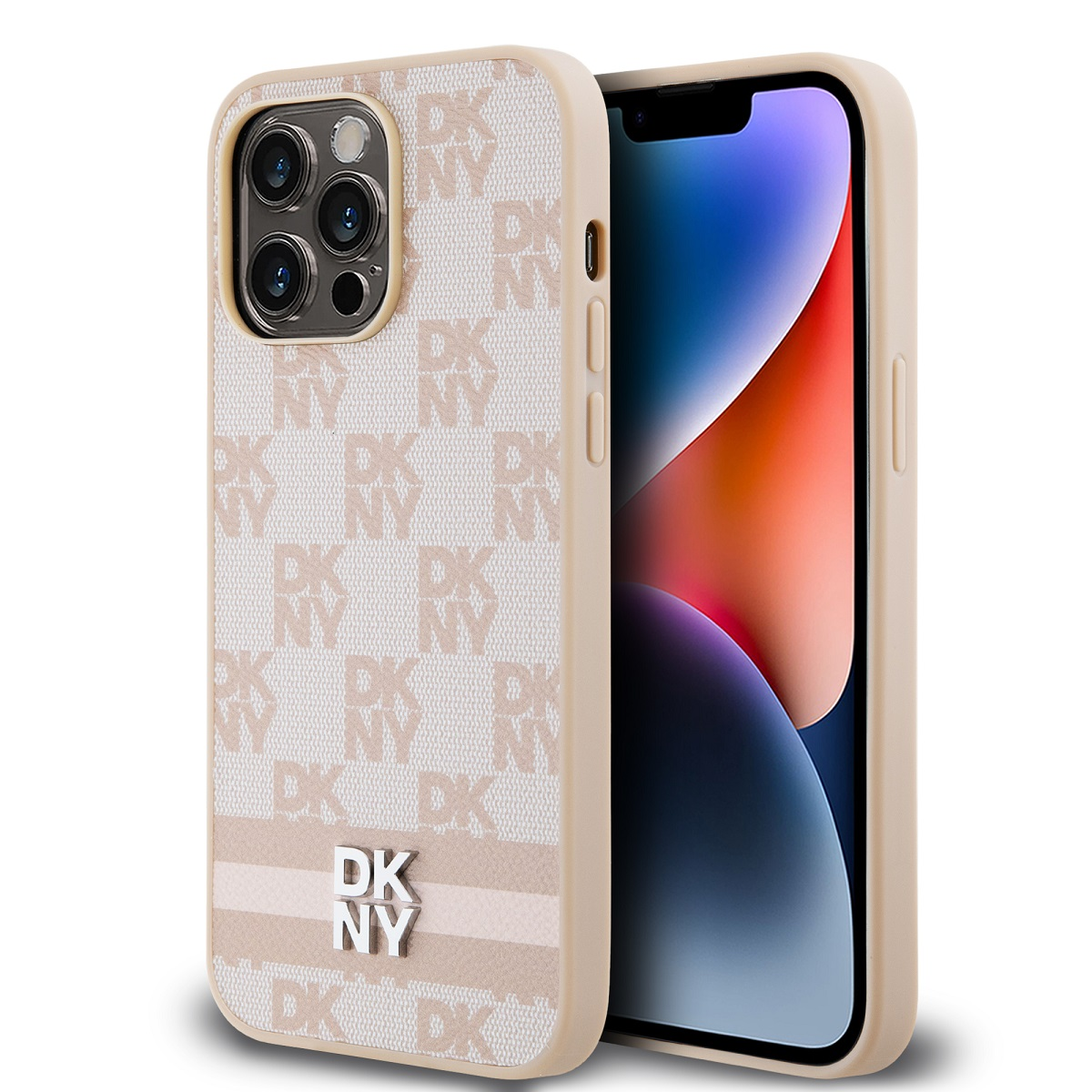 Un iPhone in una custodia DKNY beige. La custodia ha un motivo strutturato con loghi DKNY. Lo schermo mostra una sfumatura colorata.