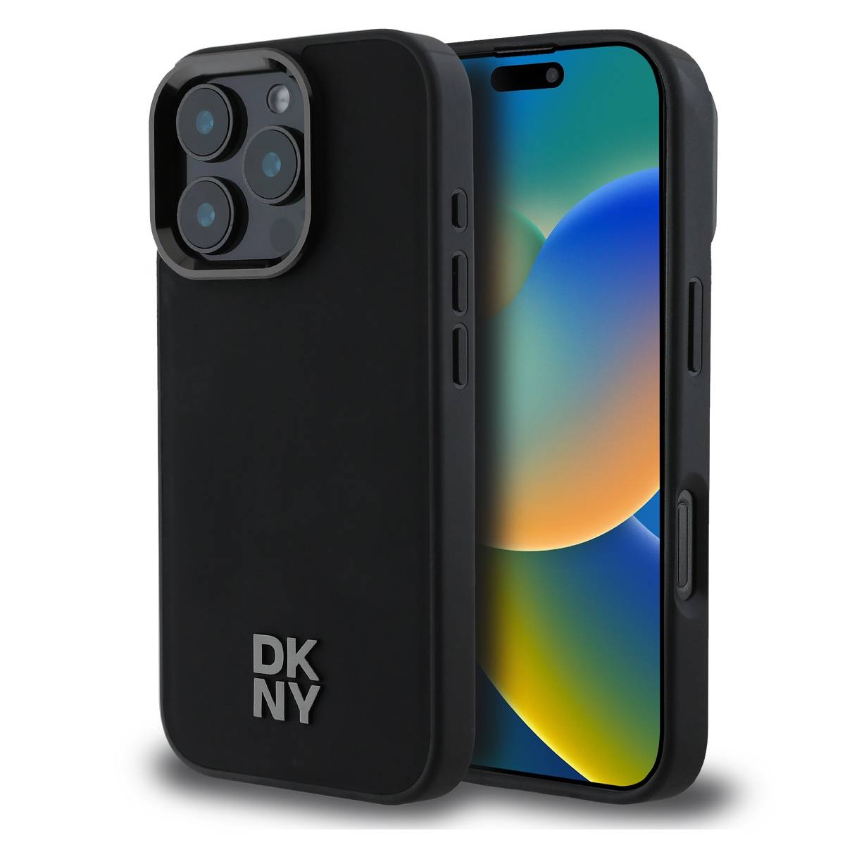 Un iPhone nero in una custodia DKNY nera. Il telefono ha un display colorato. La custodia ha tre obiettivi.