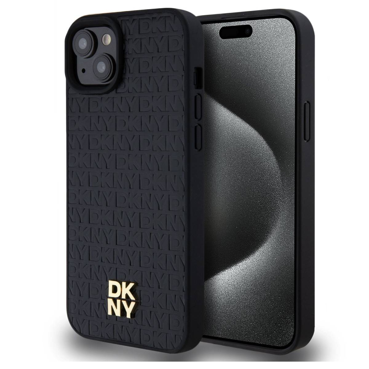 iPhone nero con custodia DKNY nera. La custodia ha un motivo con logo DKNY in rilievo. Lo schermo del telefono è visibile.