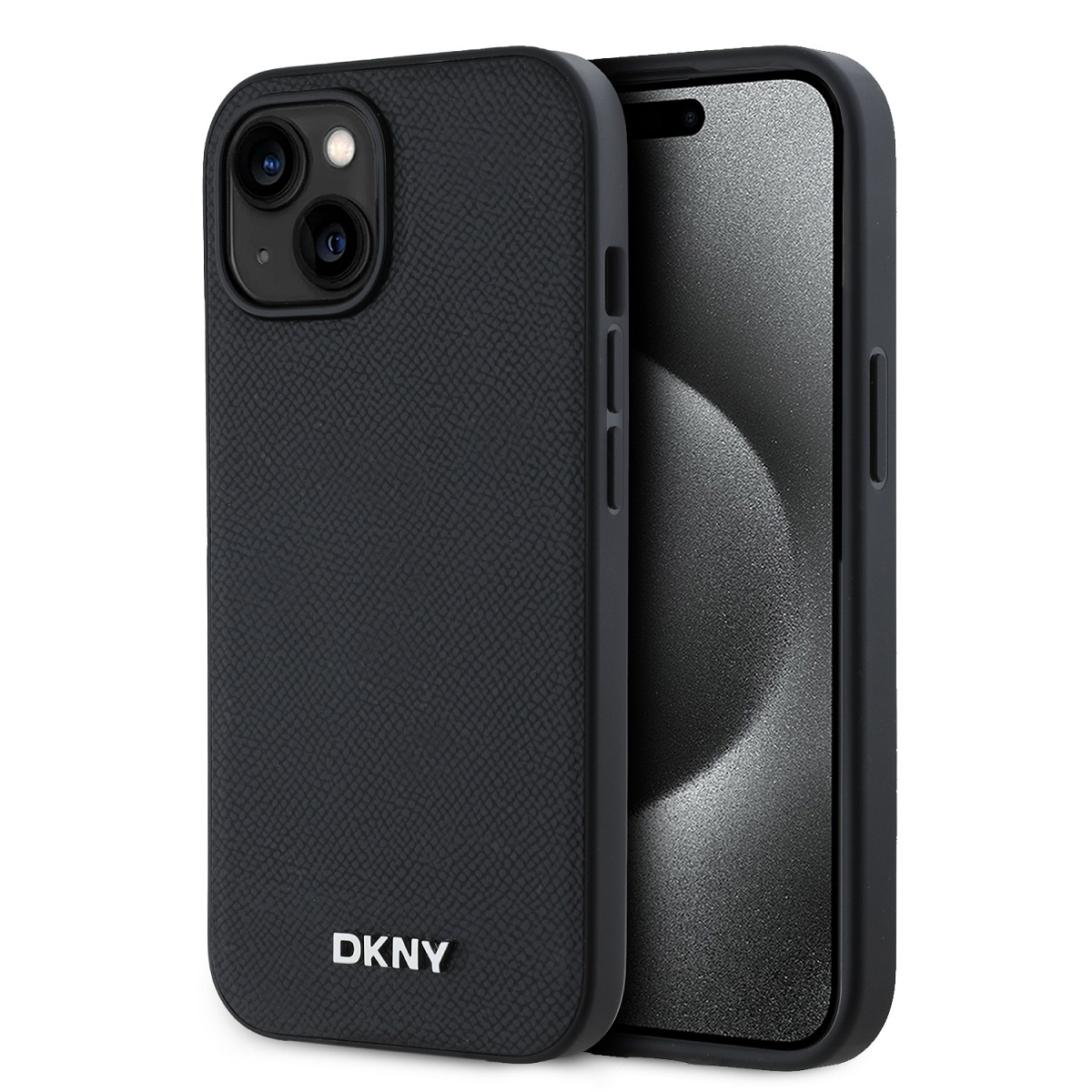 Una custodia per telefono DKNY nera con finitura strutturata, che mostra un iPhone. Lo schermo è visibile, la custodia ha fori fotocamera.