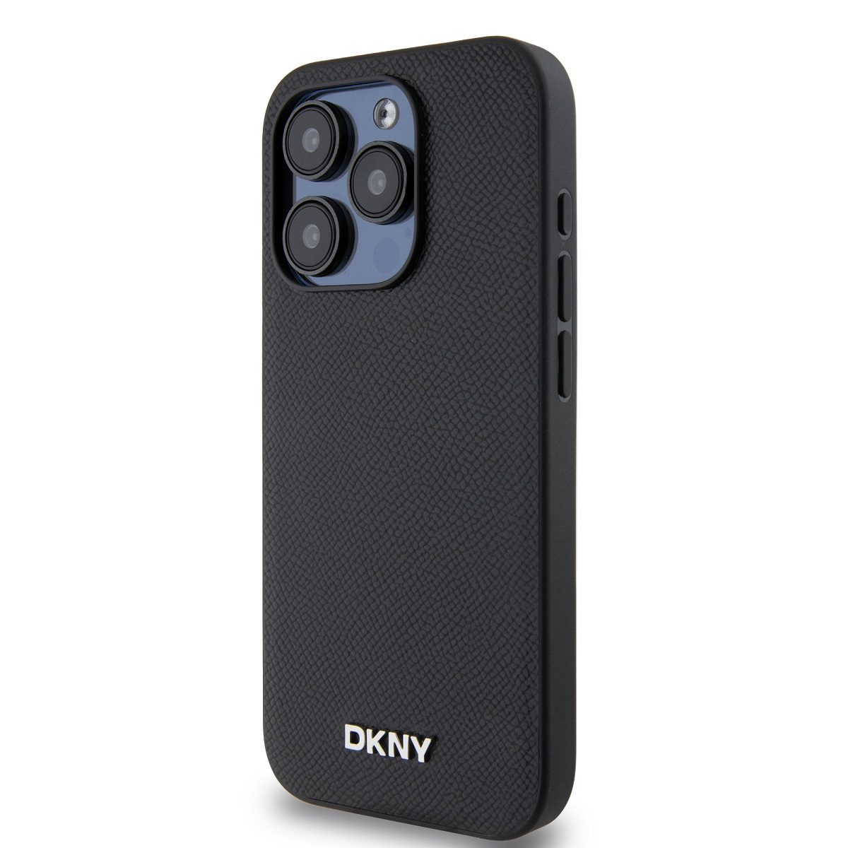 Custodia nera per telefono con finitura strutturata. Presenta lenti a tripla fotocamera, pulsanti laterali e il logo DKNY.