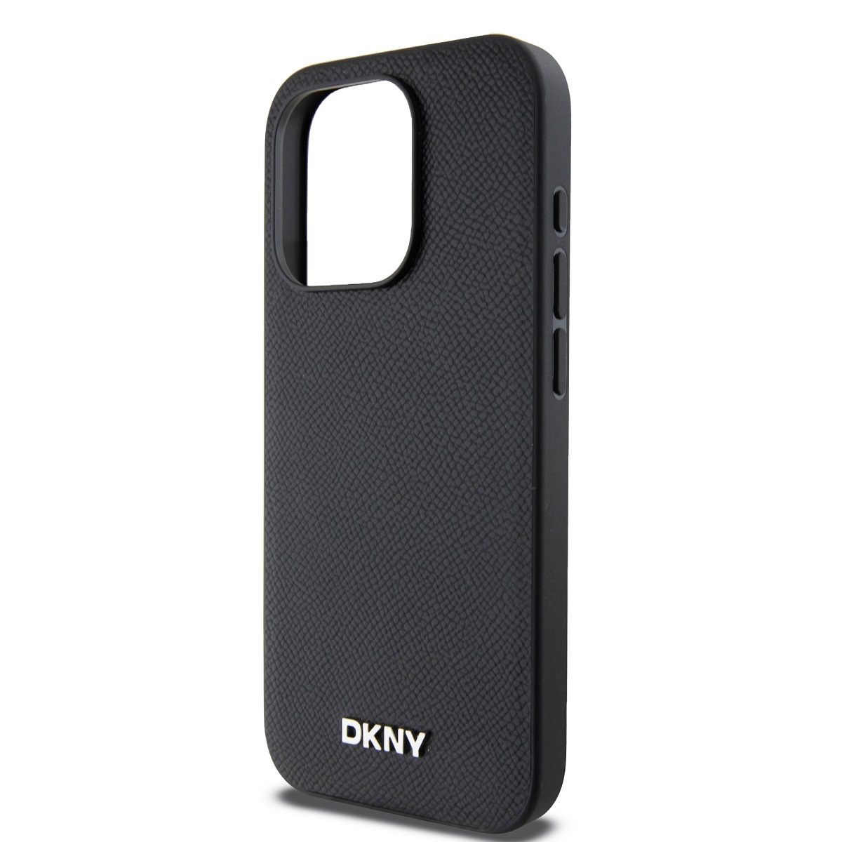 Una custodia per telefono DKNY nera con superficie testurizzata, ritaglio per la fotocamera e pulsanti laterali. Il logo DKNY è in basso.