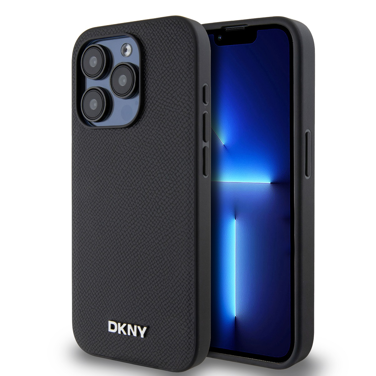 iPhone nero con custodia DKNY. La custodia ha una superficie strutturata. Lo schermo del telefono si illumina di blu e bianco.