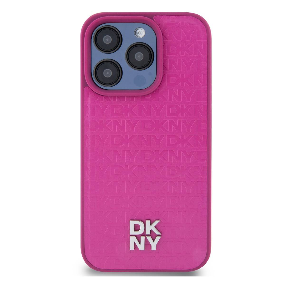 Una custodia rosa DKNY per telefono. La custodia ha un logo DKNY in rilievo e motivi DKNY ripetuti. La fotocamera del telefono è visibile.