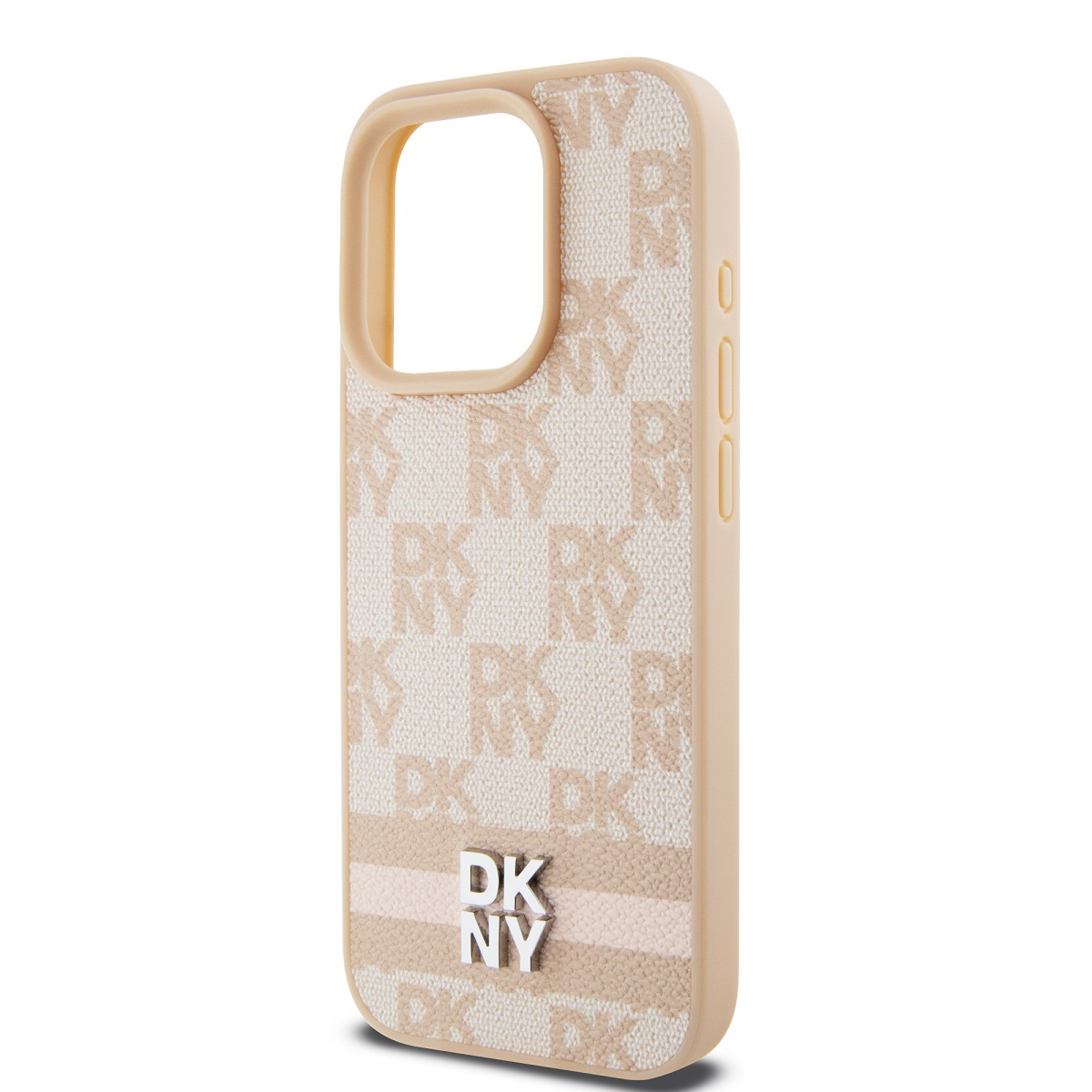 Una custodia beige per telefono con le lettere 'DK NY' in basso. La custodia ha un motivo strutturato e un ritaglio per la fotocamera.