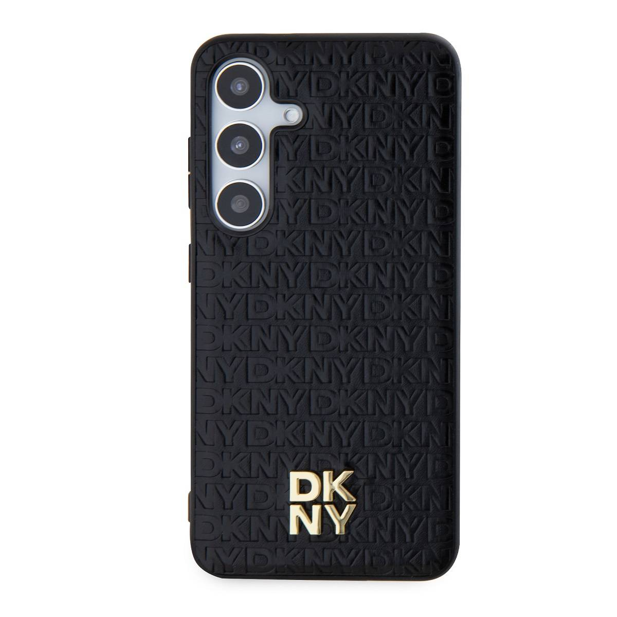 Custodia nera per telefono con logo DKNY in rilievo. La custodia è su sfondo bianco. Sono visibili tre obiettivi.