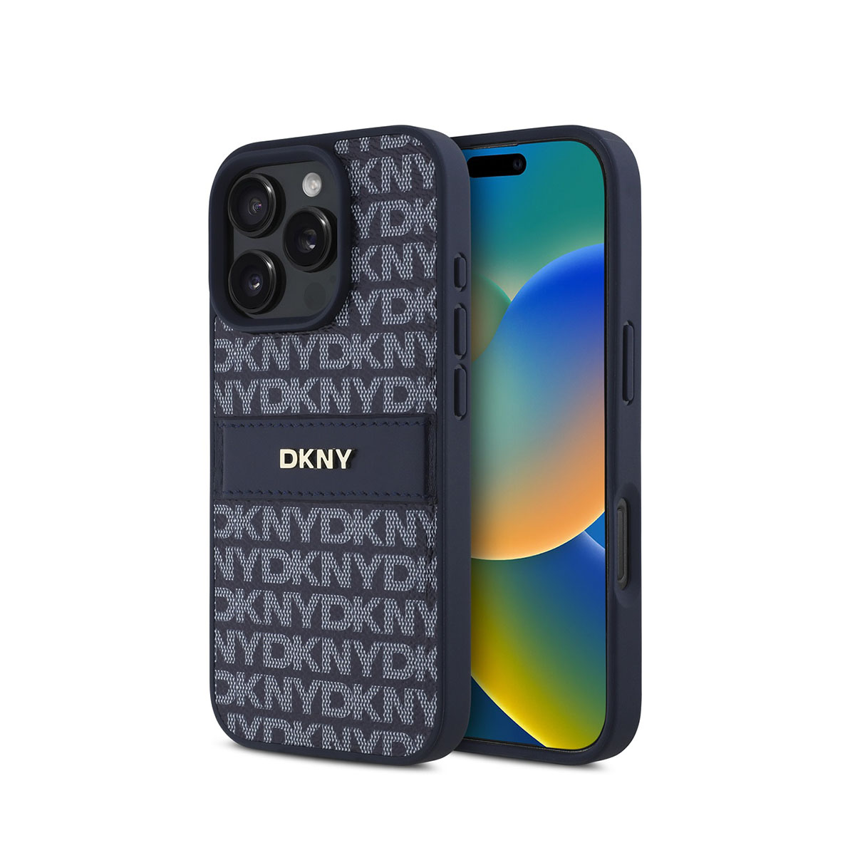 Una custodia blu navy con logo DKNY e motivo logo contiene un telefono. Lo schermo del telefono mostra una sfumatura blu e verde.
