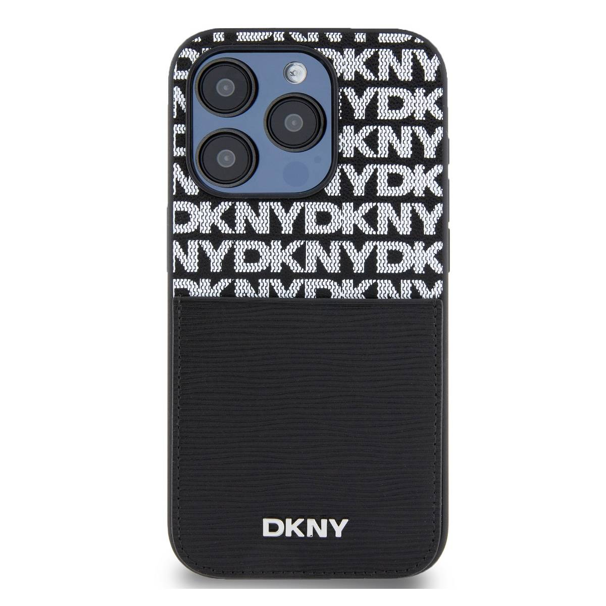 Una custodia per telefono DKNY in bianco e nero. La parte superiore ha il logo DKNY ripetuto. La parte inferiore è nera con il logo DKNY.