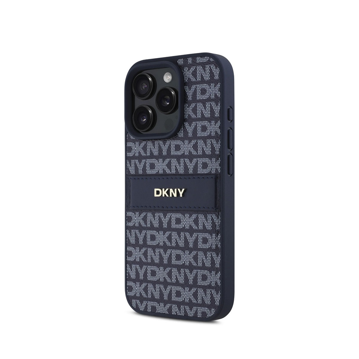 Una custodia per iPhone blu navy con logo DKNY. La custodia ha un motivo DKNY e NYDKNY. Il telefono ha tre obiettivi.
