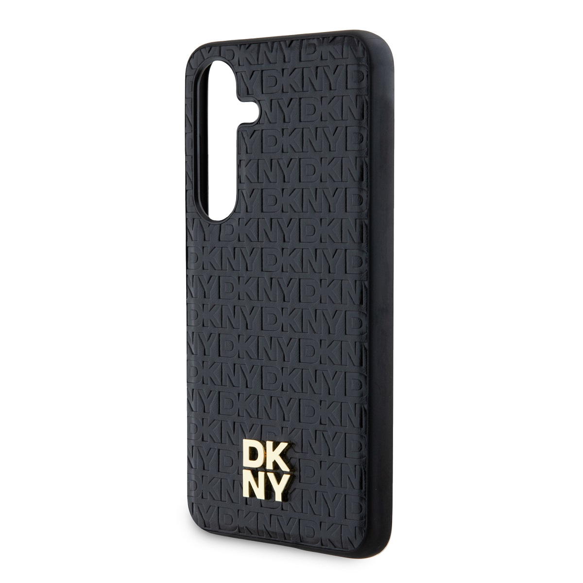 Custodia per telefono nera con logo DKNY in rilievo. Logo DKNY dorato in basso a destra. Sfondo bianco.