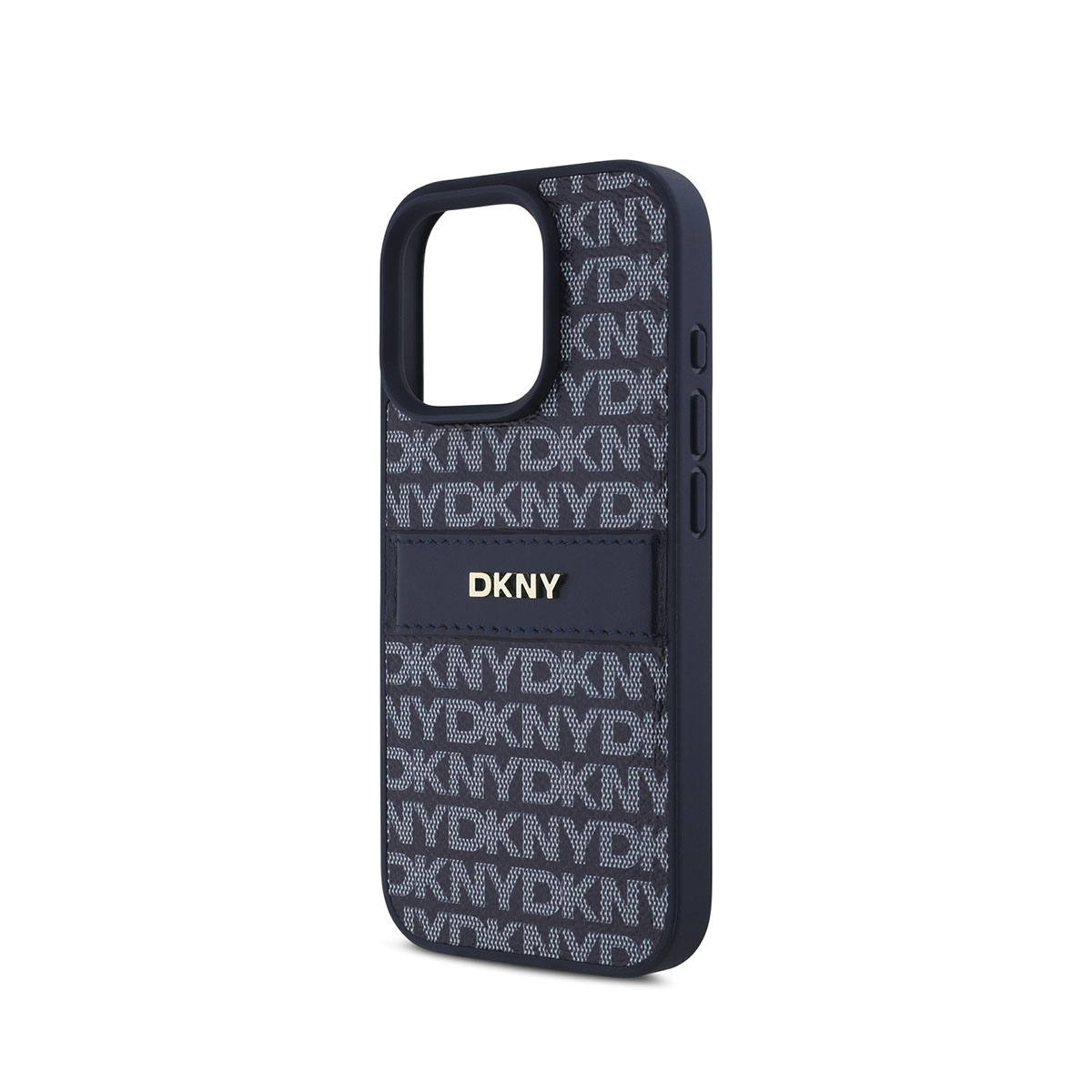 Una custodia per telefono DKNY su sfondo bianco. La custodia è blu scuro con il logo DKNY e un motivo di scritte DKNY.