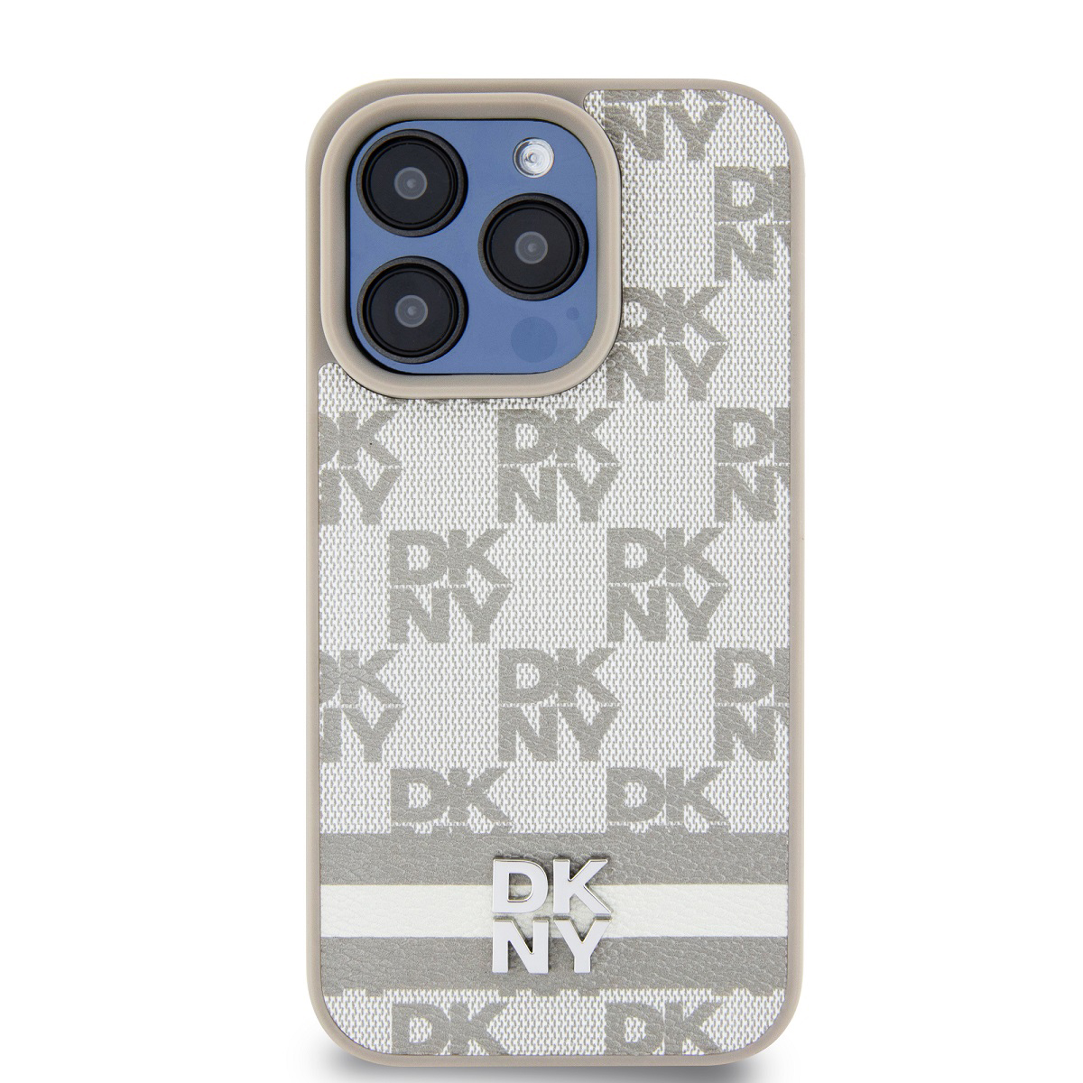 Una custodia per telefono con motivo DKNY. La custodia è bianca con logo DKNY grigio. Ha una fotocamera argentata e una striscia bianca.