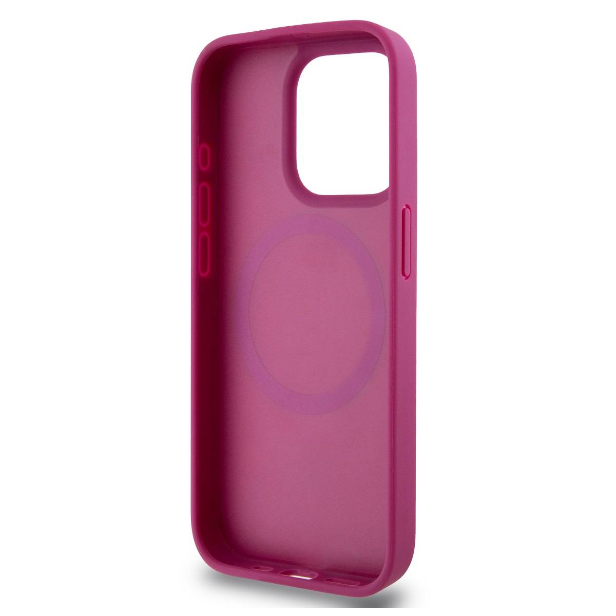 Una custodia per telefono magenta. Ha ritagli per fotocamera e pulsanti. La custodia ha un cerchio sul retro.