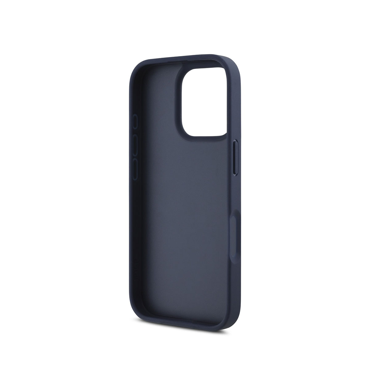 Una custodia per telefono blu navy è mostrata su sfondo bianco. La custodia ha ritagli per la fotocamera e i pulsanti.