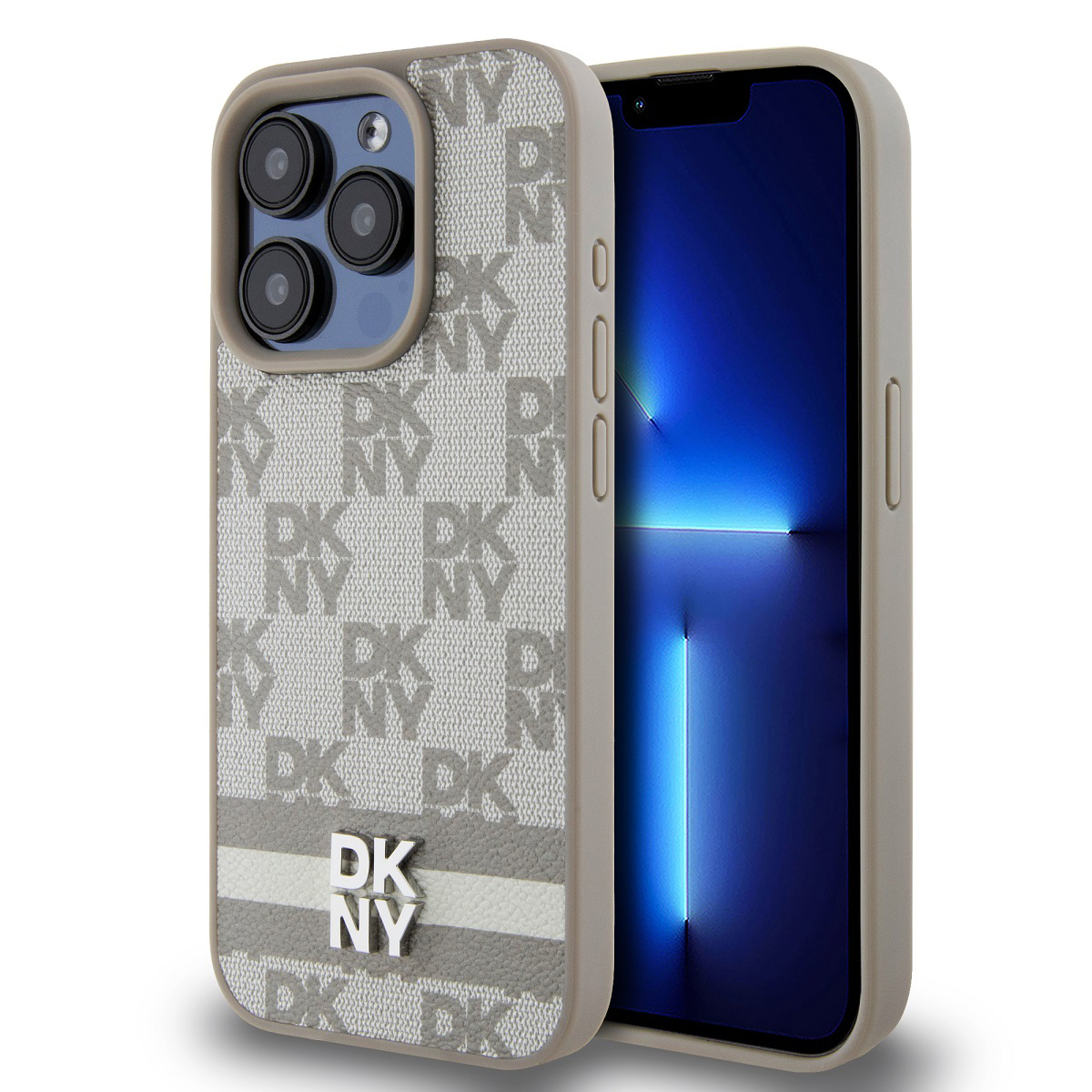 Un iPhone in una custodia DKNY. La custodia è grigio chiaro con loghi DKNY. L'iPhone ha uno schermo con sfumatura blu e una fotocamera nera.