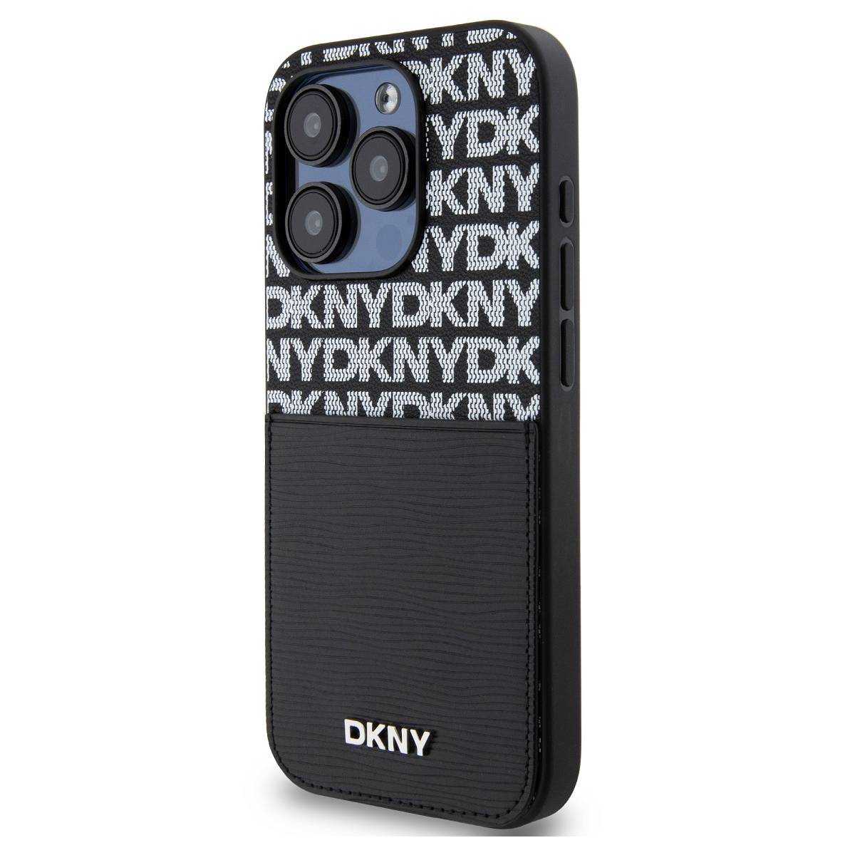 Custodia DKNY nera per iPhone. La parte superiore ha il motivo DKNY, quella inferiore è nera. Il telefono ha tre fotocamere.