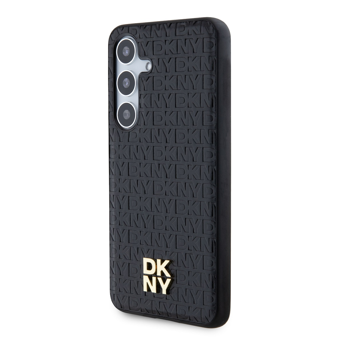 Custodia per telefono nera con logo e testo DKNY in rilievo. La custodia ha una fotocamera. Logo DKNY dorato in basso.