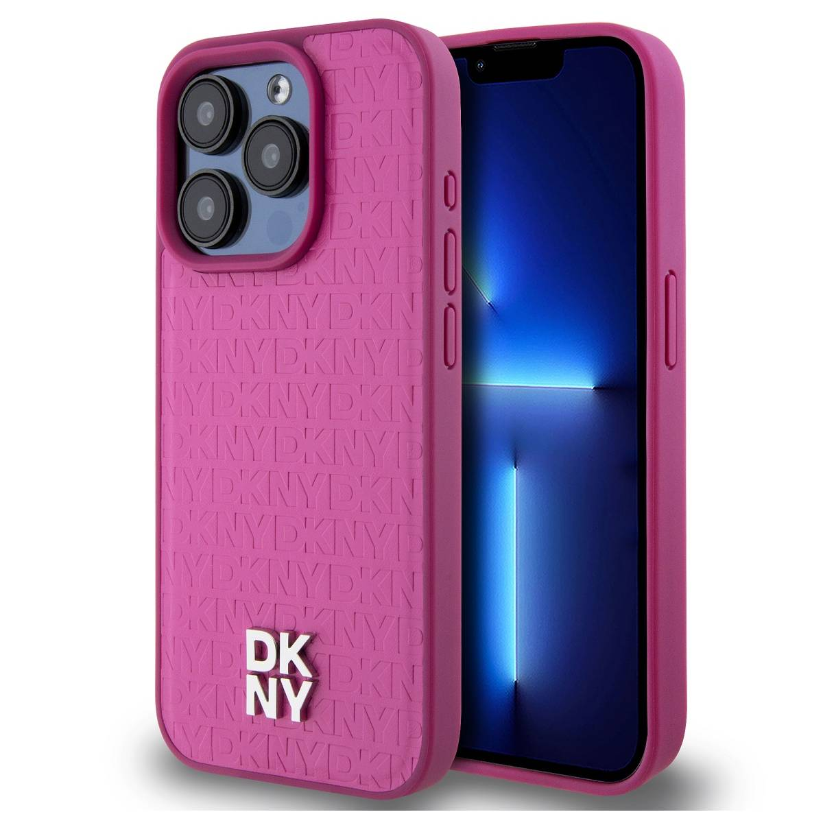 Un iPhone rosa in una custodia abbinata è in mostra. La custodia presenta testo in rilievo e un logo DKNY. Lo schermo è acceso e mostra un blu brillante.