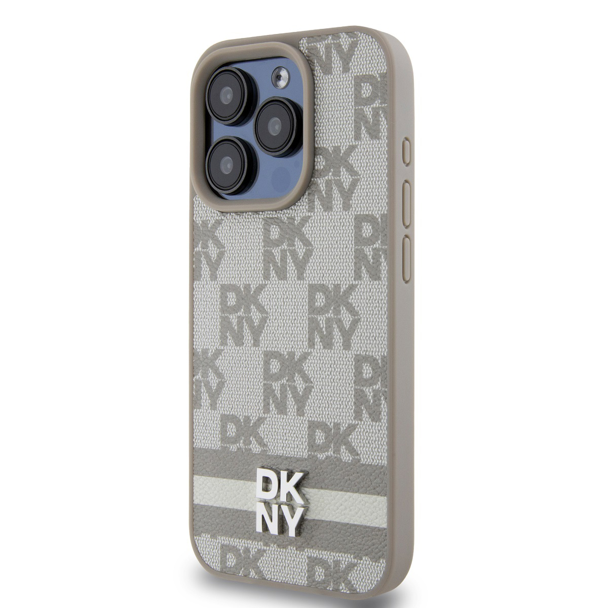 Custodia per iPhone con motivo DKNY. Custodia grigia con striscia grigia e bianca. Logo DKNY argentato e tre lenti della fotocamera visibili.