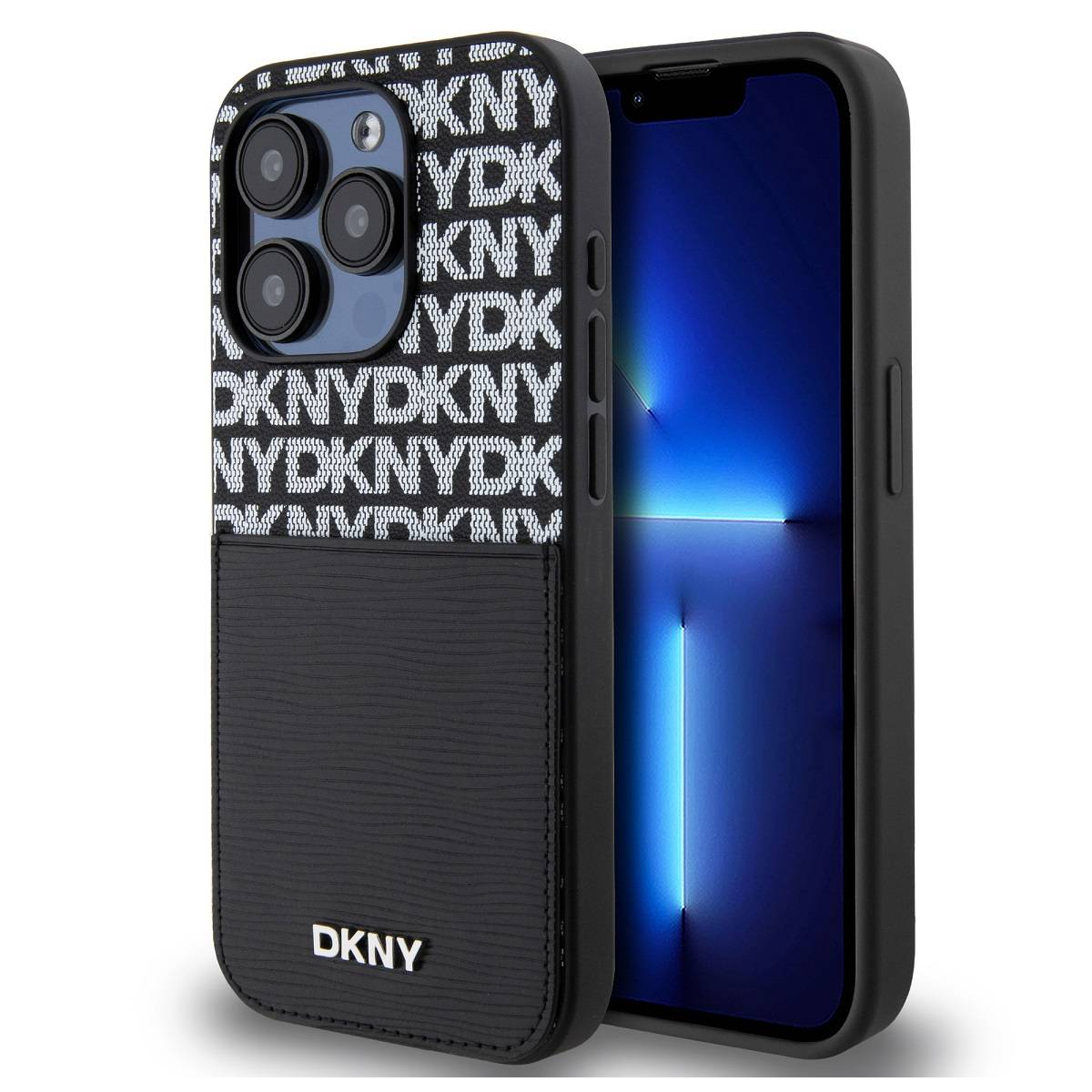 iPhone 13 Pro nero con custodia DKNY. La custodia ha il logo DKNY bianco e un porta carte. Lo schermo è illuminato di blu.