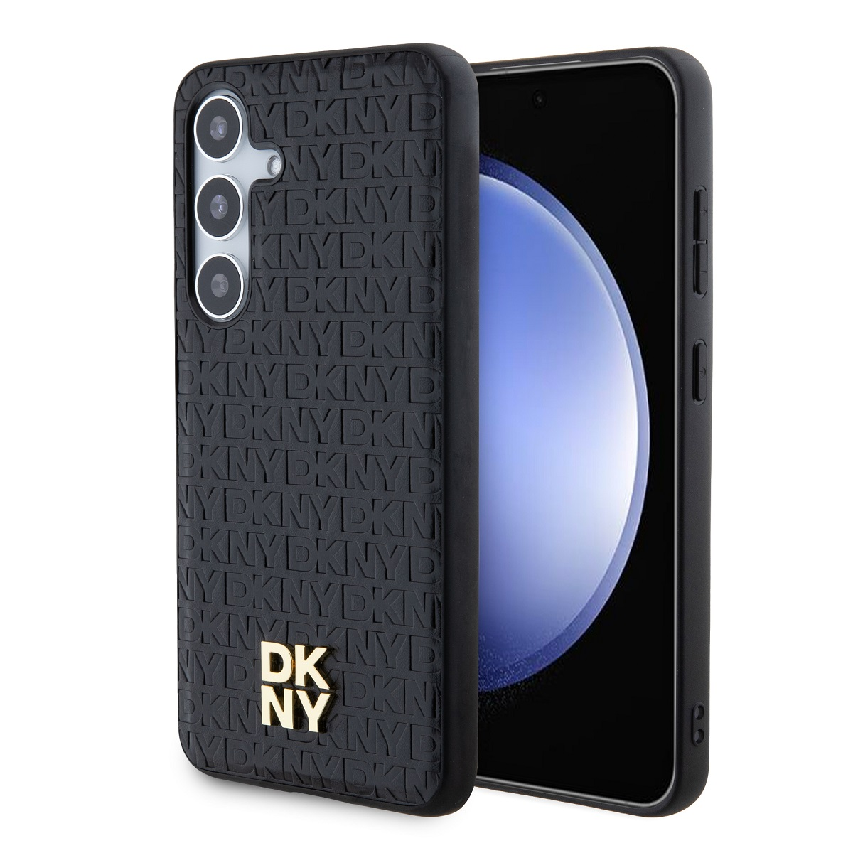 Custodia nera per telefono con logo DKNY e telefono con schermo blu. La custodia ha un motivo con il nome del marchio.