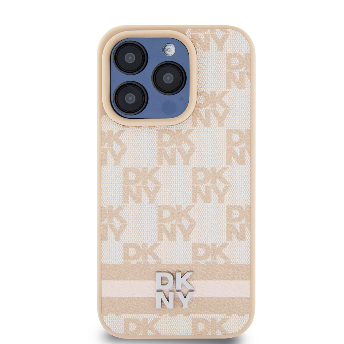 Una custodia per telefono con motivo DKNY beige. La custodia ha una cornice beige chiaro e un logo DKNY argentato.