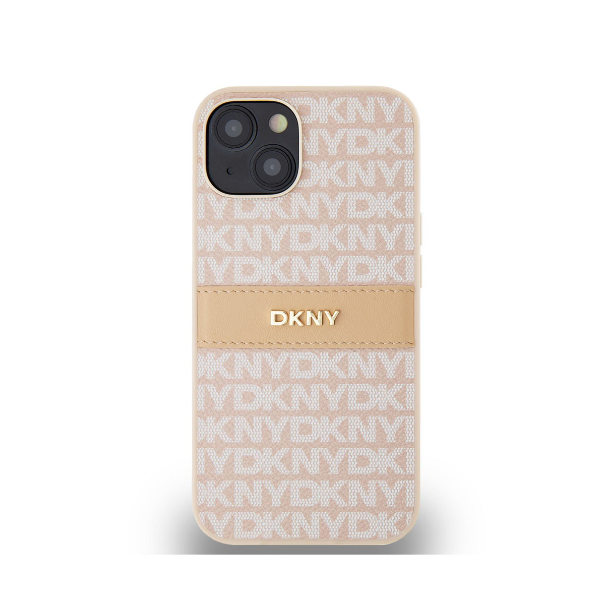 Una custodia per telefono con il logo DKNY. È beige con un motivo del logo DKNY. L'area della fotocamera è visibile.