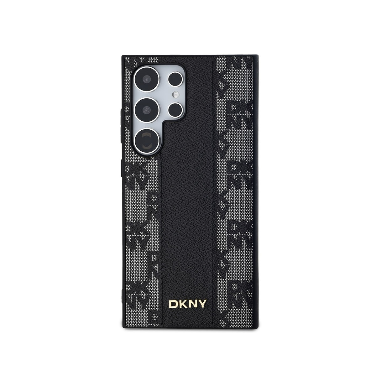 Una custodia nera per telefono con più lenti. Ha una striscia di pelle strutturata e un logo DKNY.