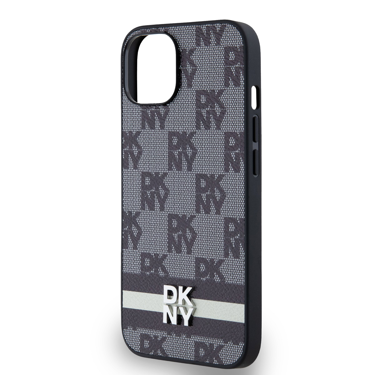 Una custodia per telefono con logo DKNY. Motivo grigio scuro con striscia bianca. La custodia ha lati neri e il logo DKNY è argentato.