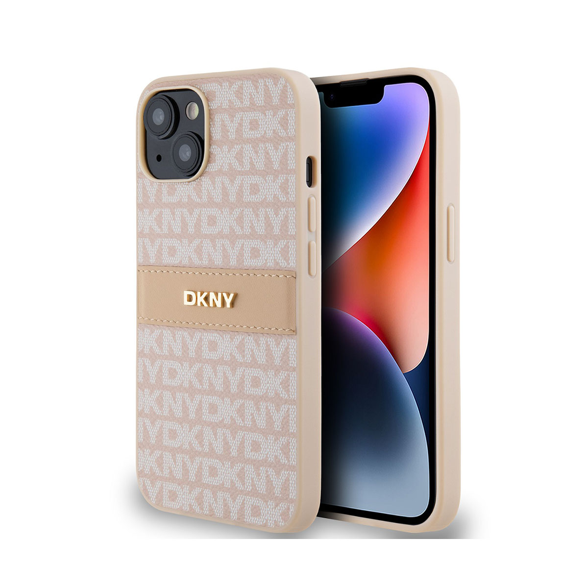 Una custodia per telefono aperta con un telefono all'interno. La custodia è beige con il logo DKNY. Lo schermo ha sfumature di colore.
