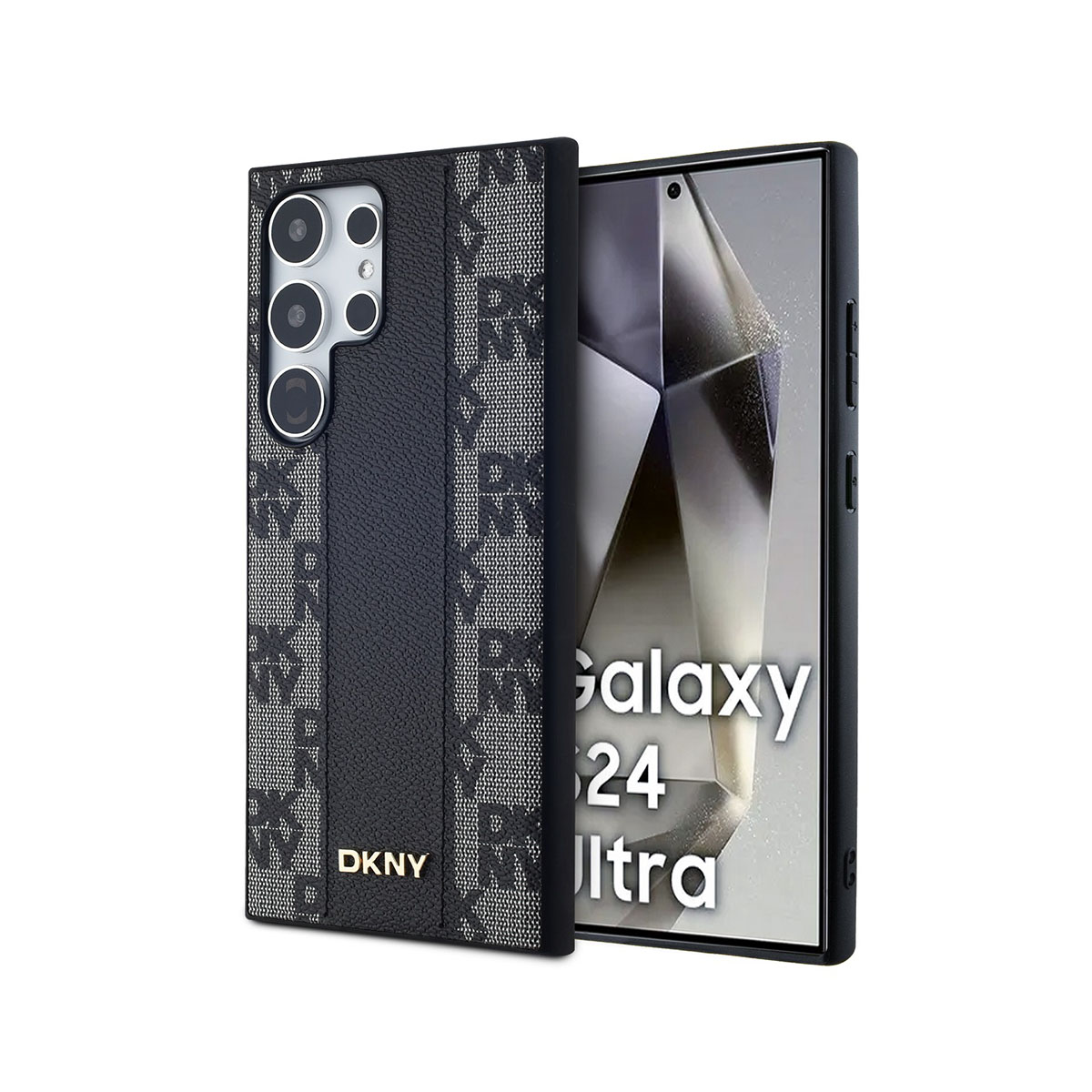 Una custodia nera DKNY accanto a un Samsung Galaxy S24 Ultra nero. La custodia ha un motivo monogramma. Lo schermo mostra Galaxy.