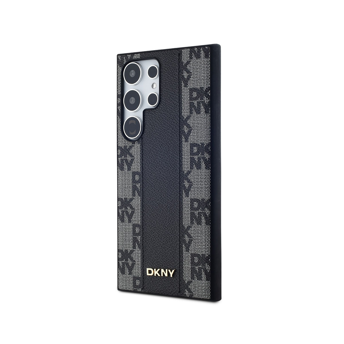 Una custodia per telefono nera con un motivo e il logo DKNY su sfondo bianco.