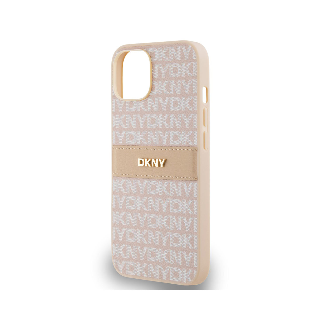 Una custodia per telefono con il logo DKNY. La custodia è beige chiaro e presenta il logo DKNY ripetuto. Il nome del marchio è su una toppa più scura.