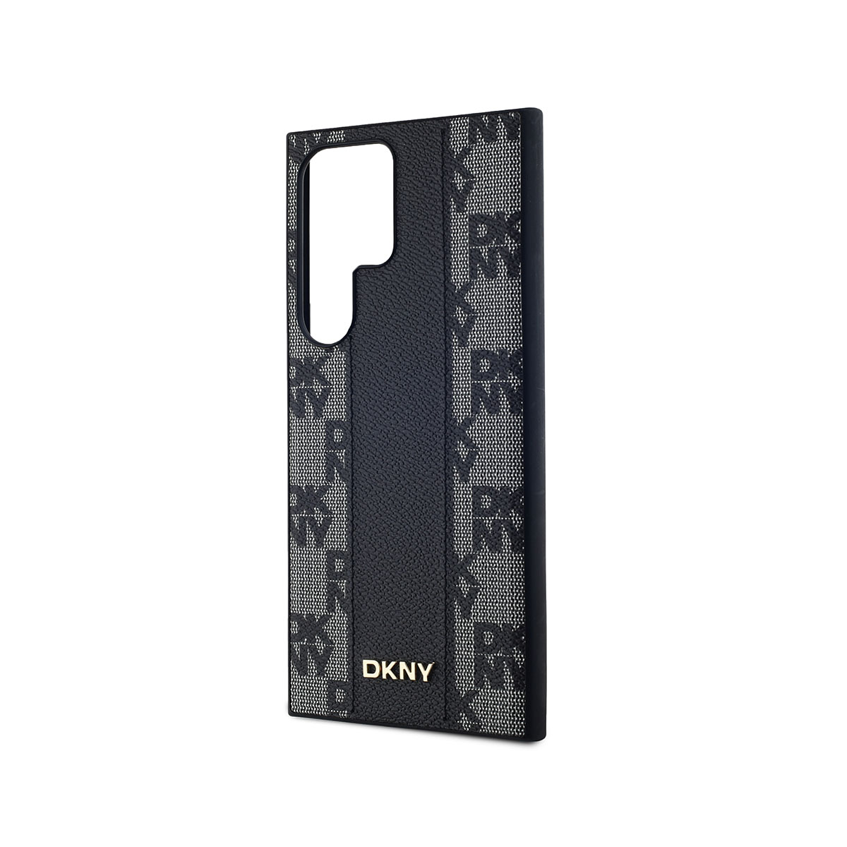 Una custodia per telefono DKNY nera. Ha un motivo strutturato con il logo DKNY e una striscia di pelle al centro.