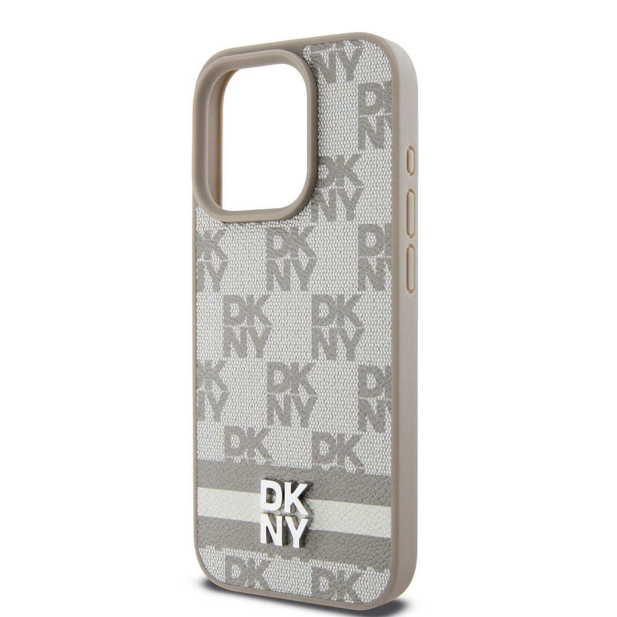 Una custodia per telefono con motivo DKNY grigio. Ha una cornice e pulsanti beige. Il logo DKNY è centrato in basso.