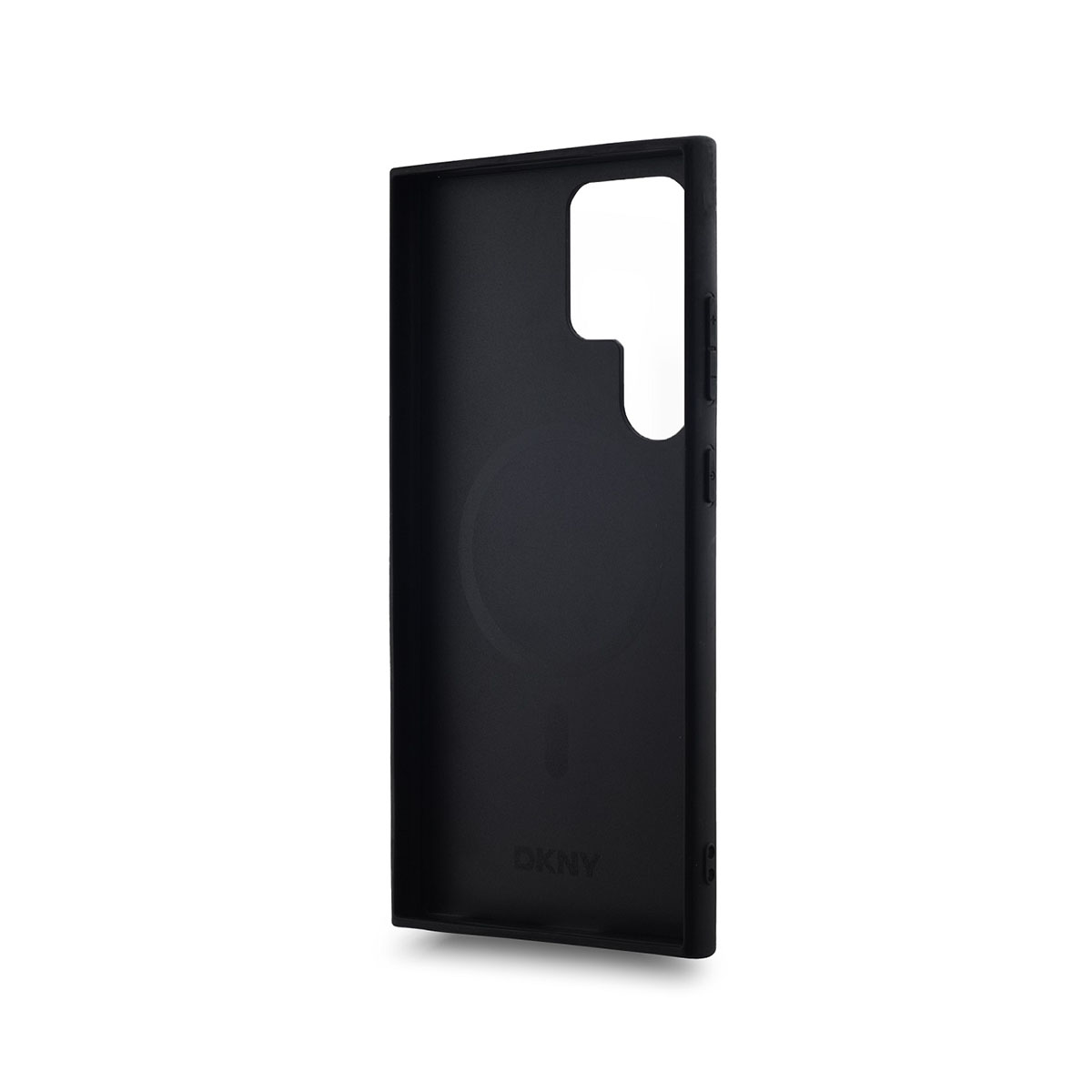 Una custodia nera DKNY per telefono su sfondo bianco. Ha ritagli per fotocamere e pulsanti. Il logo DKNY è visibile.