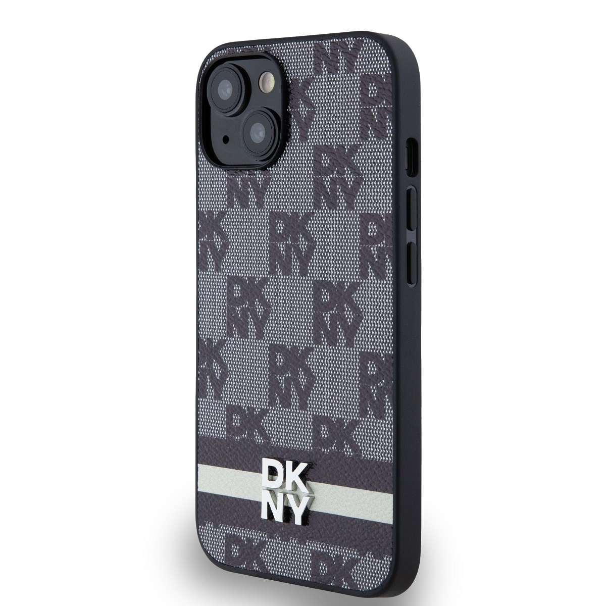 Custodia per iPhone con logo DKNY a motivo ripetuto. La custodia è grigio scuro con bordi neri. Ha una striscia e un logo argentati.