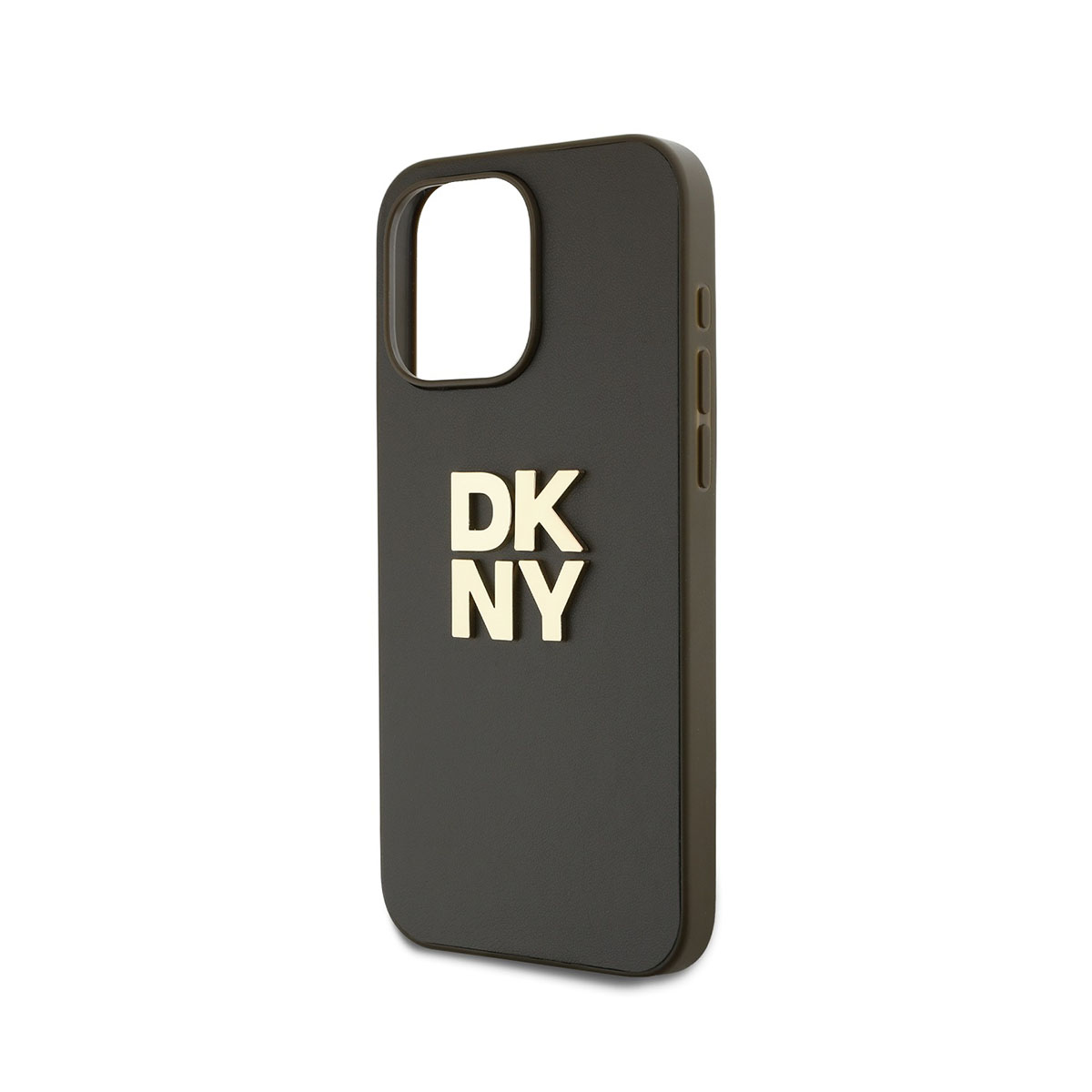 Una custodia per telefono DKNY nera. Le lettere DKNY sono dorate e risaltano. La custodia ha un ritaglio per la fotocamera e rientranze per i pulsanti.