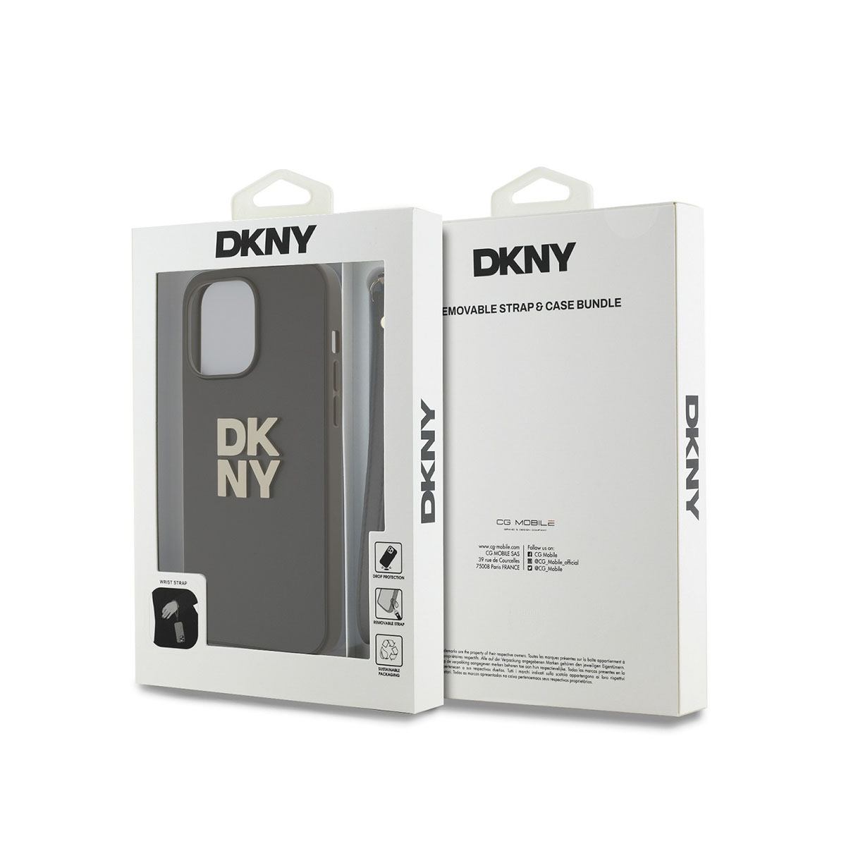 Due scatole di custodie per telefoni DKNY. Una mostra una custodia con il logo DKNY. L'altra scatola elenca i dettagli del prodotto.