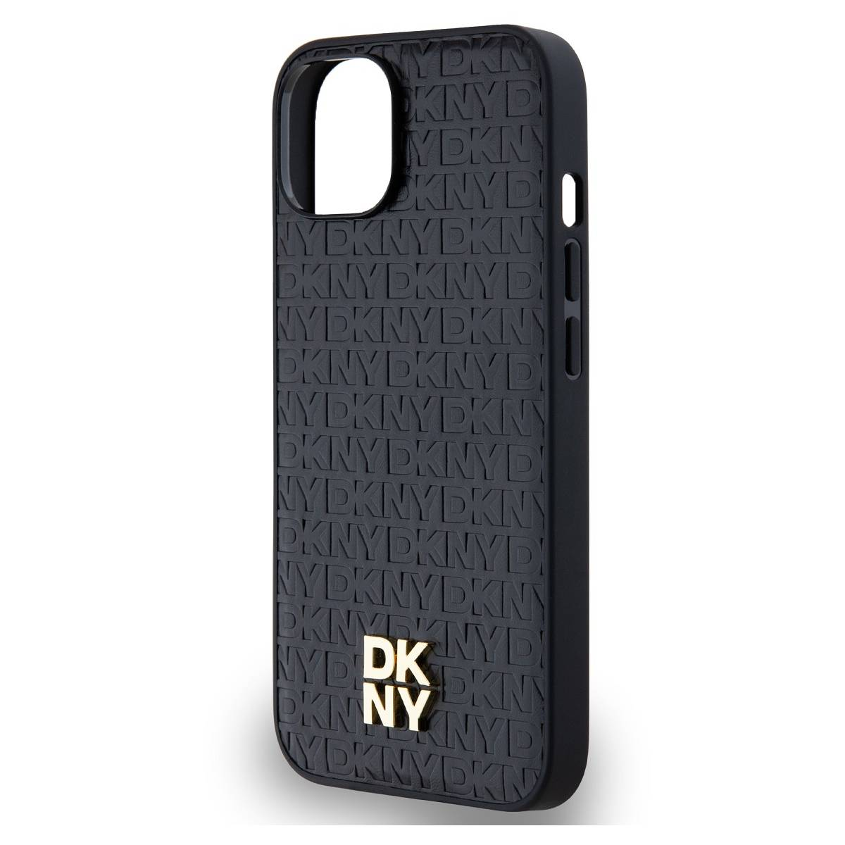 Custodia nera per telefono con logo 'DKNY' in rilievo. Ha un ritaglio per la fotocamera e i pulsanti laterali. La superficie presenta il testo 'DKNY'.