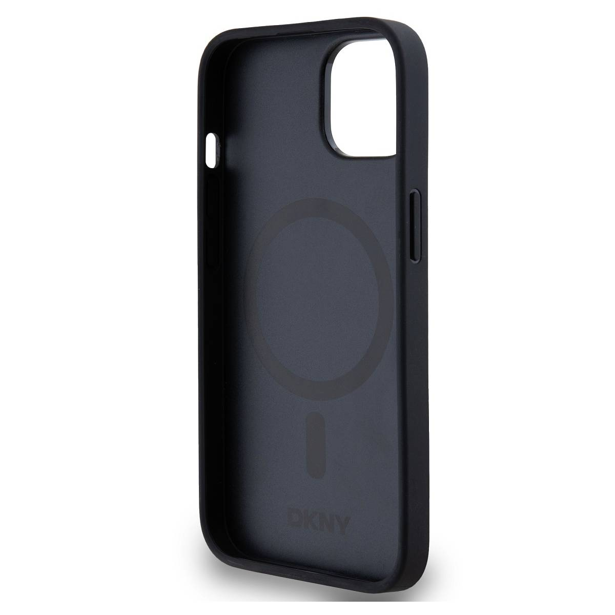 Una custodia per telefono DKNY nera. La custodia ha un design circolare, un ritaglio per la fotocamera e il logo DKNY.