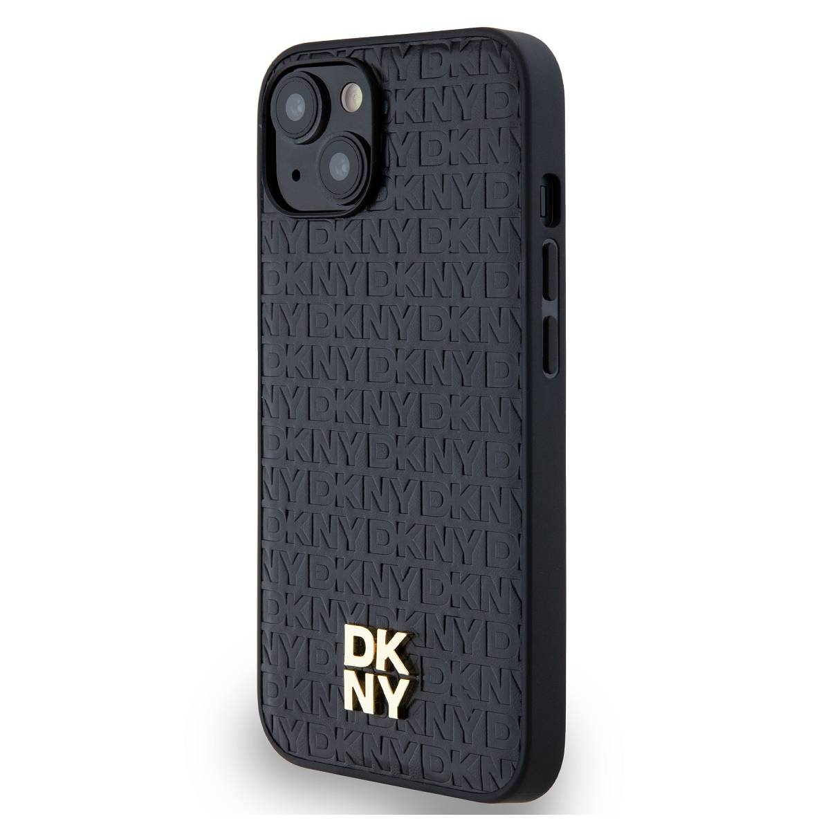 Custodia per telefono nera con motivo 'DKNY' in rilievo e logo dorato. Configurazione a tripla fotocamera visibile. Pulsanti laterali presenti. Sfondo bianco.